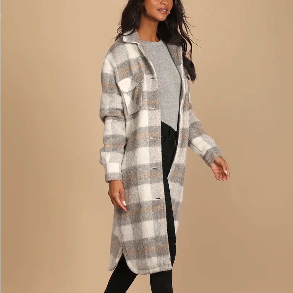 Ronnie Grey Multi Plaid Brushed Long Shacket